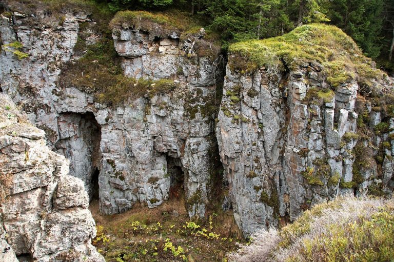 Felsige Bergbau-Pinge im Wald des Erzgebirges